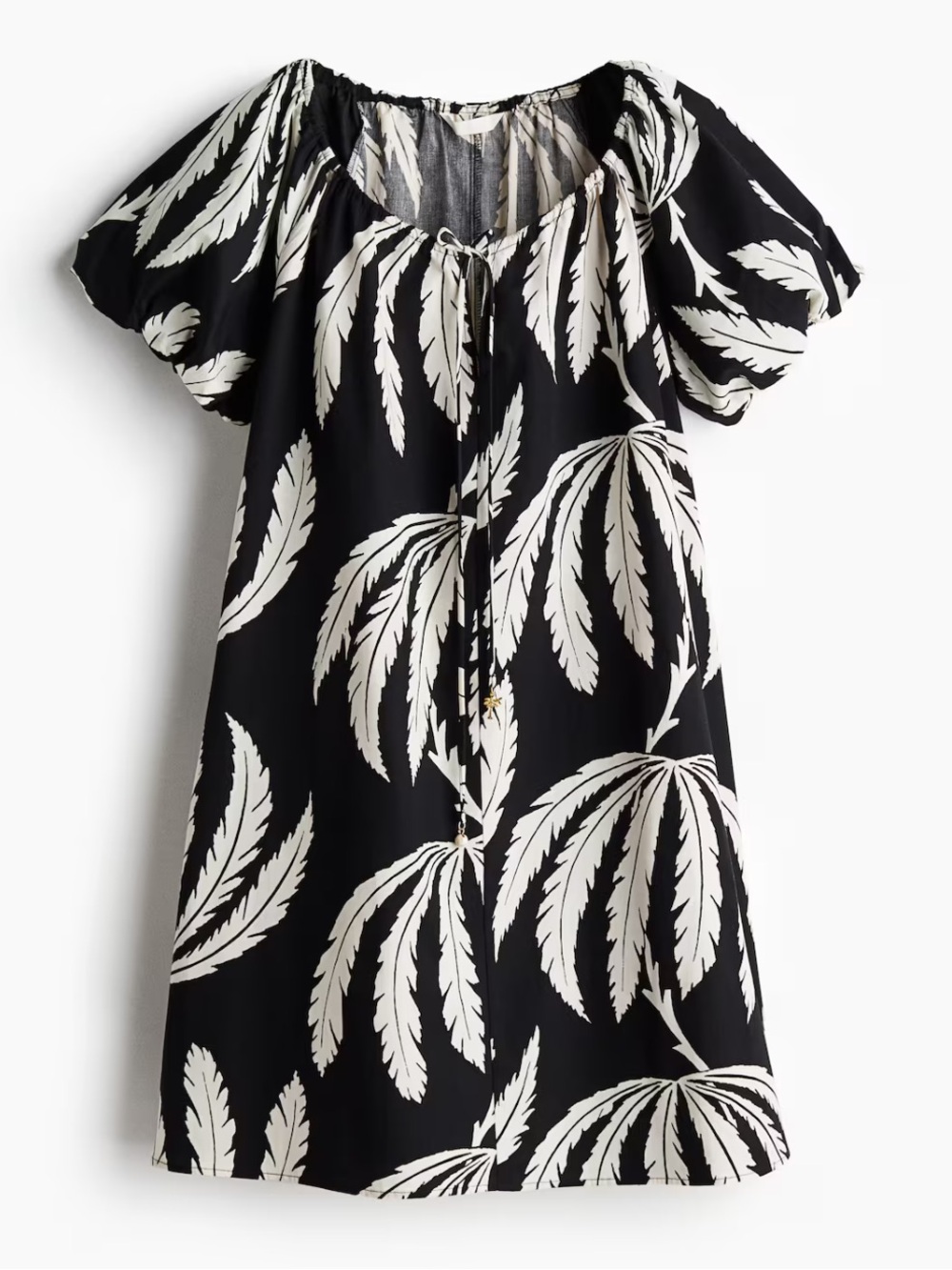H&M drawstring-neck short puff sleeve tropic print black/white dress